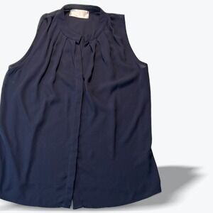 IO Sleeveless Blouse Womens Small Navy Blue Pleated Neck Top USA